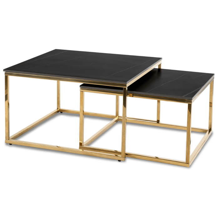 Stolik Kawowy Kwadratowy Zestaw 2w1 Ława Glamour Czarny Marmur Złoty TENOR