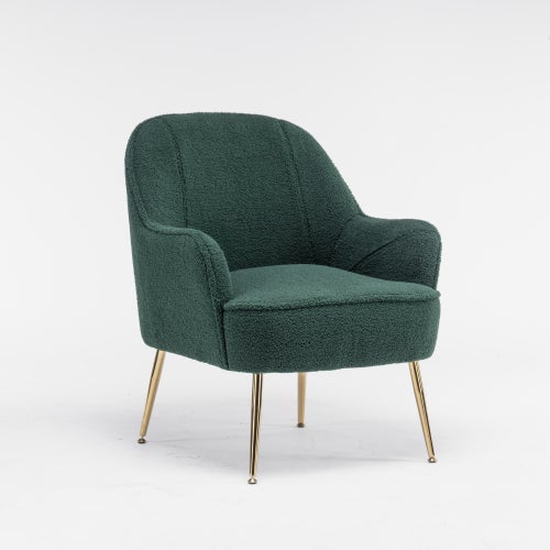 Silla de acento ergonómica en tela teddy con patas doradas y ajustables, verde