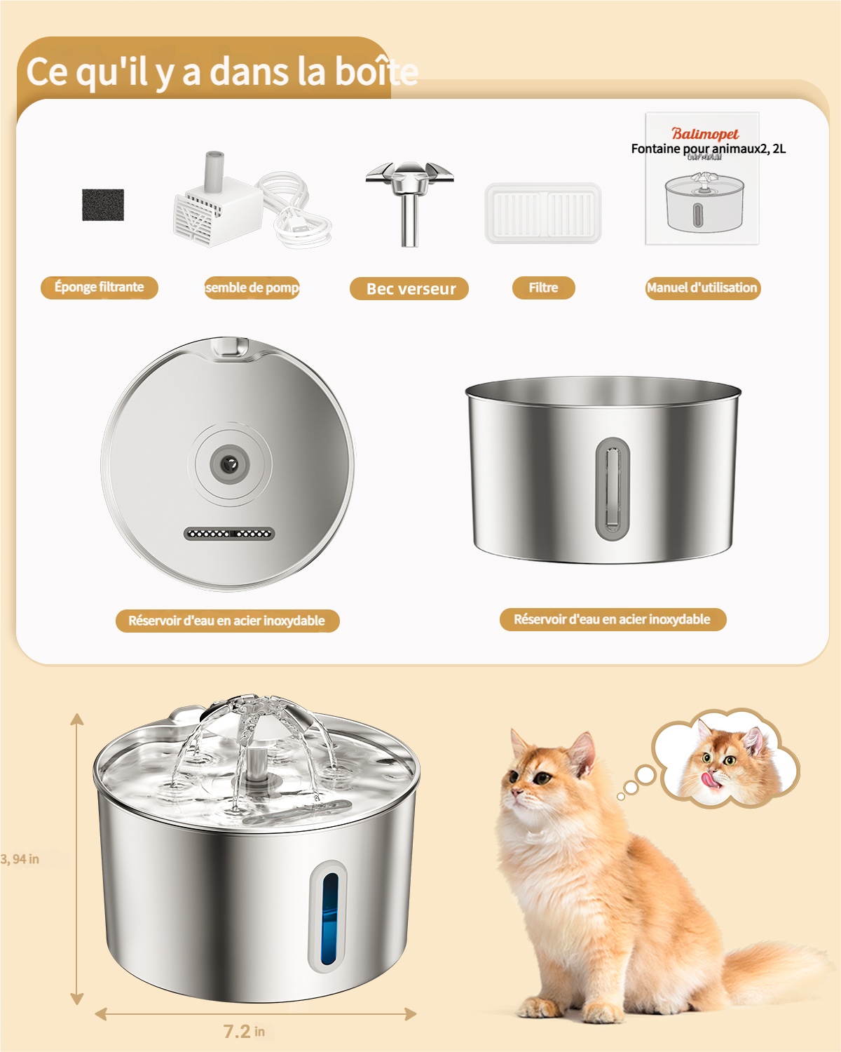 2,2 L Fontaine à eau en acier inoxydable Automatique pour chats, Fontaine à boire super silencieuse pour chats avec filtre, - 6