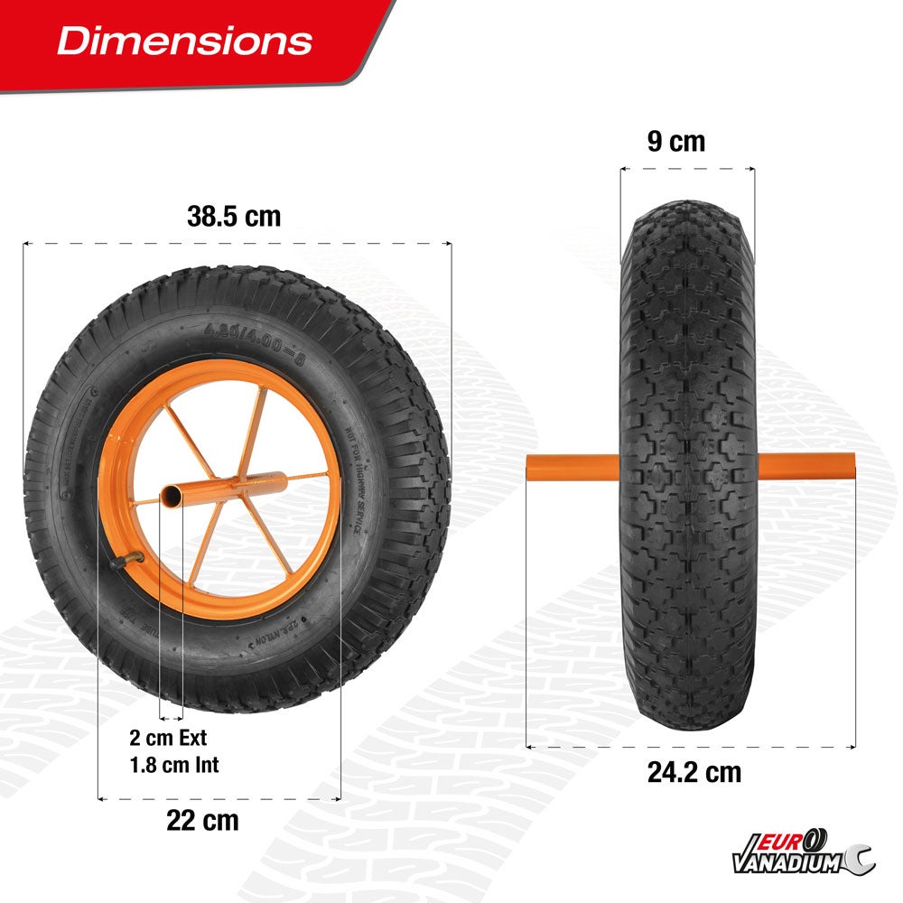 Roue Gonflée 380 x 80 mm pour Brouette avec Axe ext 20 mm - Pneu Caoutchouc et Chambre à Air, Compatible Chariot - 3