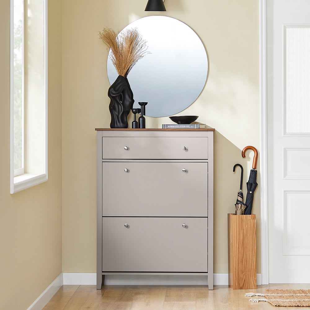 Scarpiera Relaxdays Con 2 Cassetti E 4 Ripiani - Contiene 12 Paia - In MDF E Tessuto - H 95 X L 72,5 X P 35,5 Cm - Grigio Chiaro