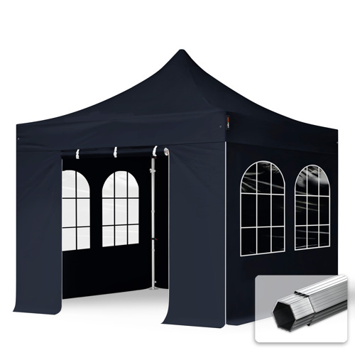 3x3m gazebo pieghevole PVC ignifugo con 4 laterali (finestre), PROFESSIONAL alluminio, nero