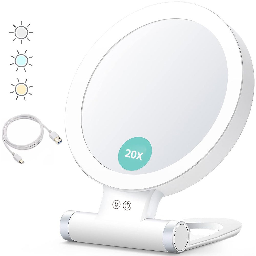 Podświetlane lusterko powiększające, 20x/1x, dwustronne, przenośne do makijażu, 3 kolory oświetlenia, ekran dotykowy z regulacją jasności