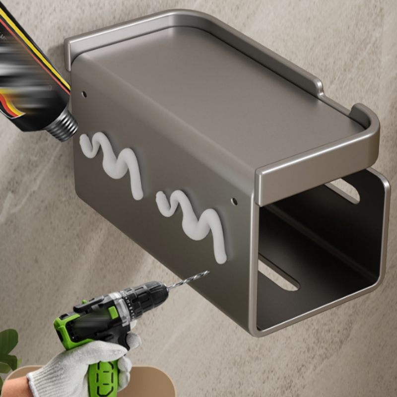 Uchwyt na papier toaletowy do łazienki, uchwyt na rolkę papieru, dozownik papieru toaletowego, bez wiercenia, półka, 17*10.2*12cm - Szary - 7