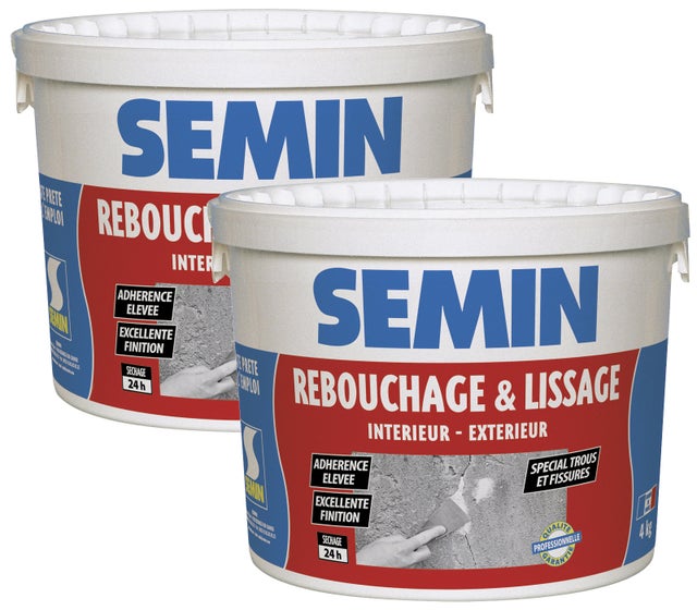Lot de 2 enduits de rebouchage en pâte spécial fissures et trous de vis Semin - intérieur/extérieur - seau de 4 kg