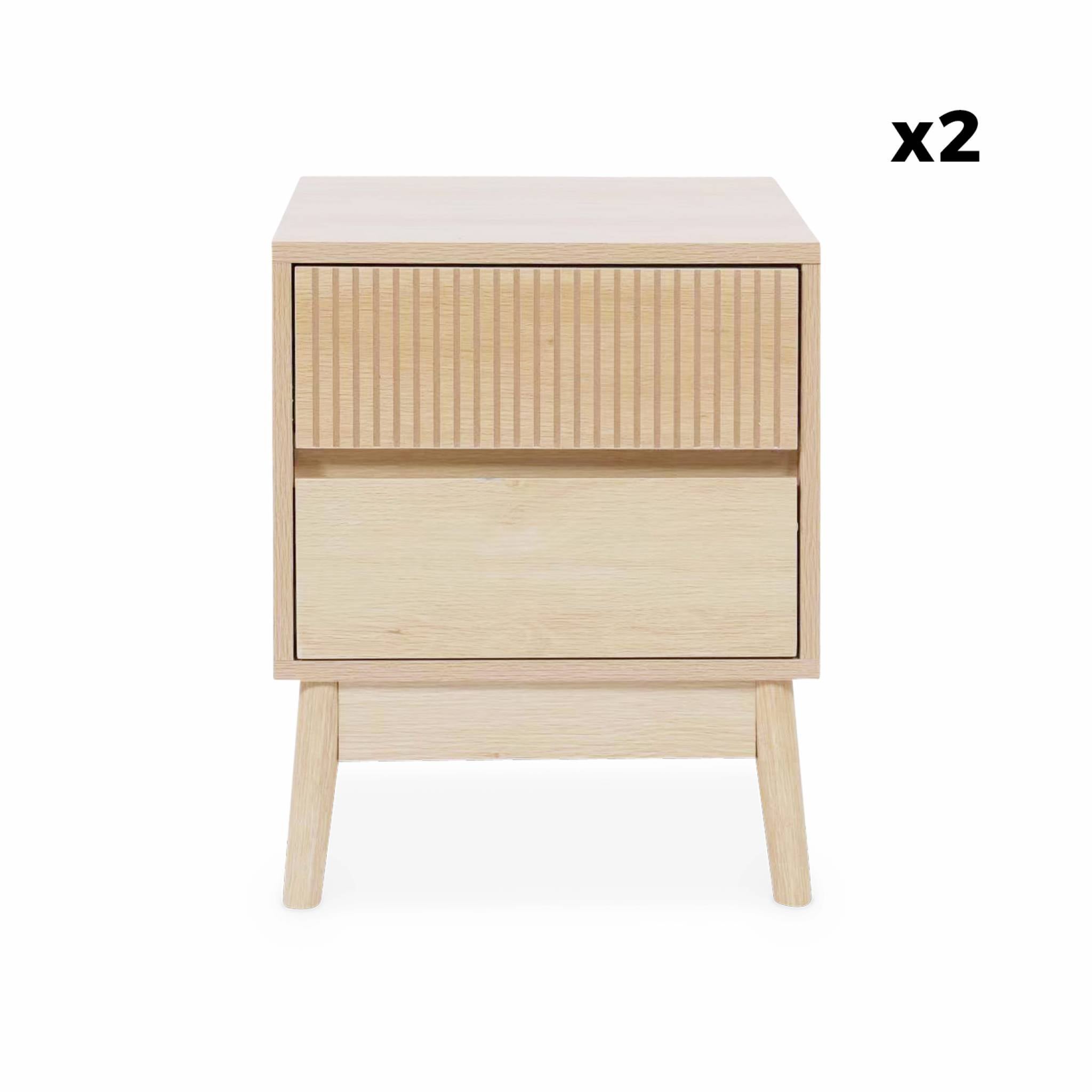 Mesita de noche de 2 cajones con efecto madera, set de 2, Linear, Madera, 39x40x48 cm - 7