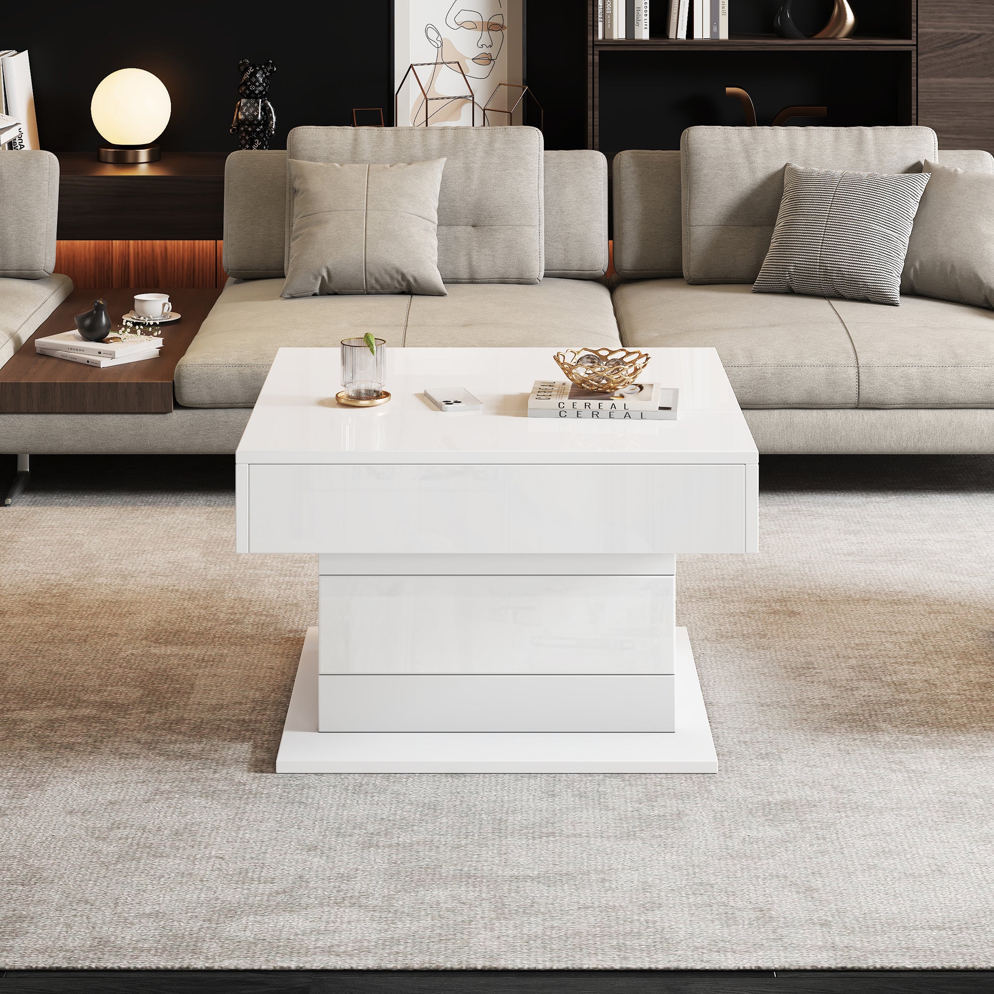 Stolik kawowy z podnoszonym blatem, 1 szufladą i obrotowym blatem 360° - 70 x 70 x 45 cm - Płyta wiórowa - Biały - 2