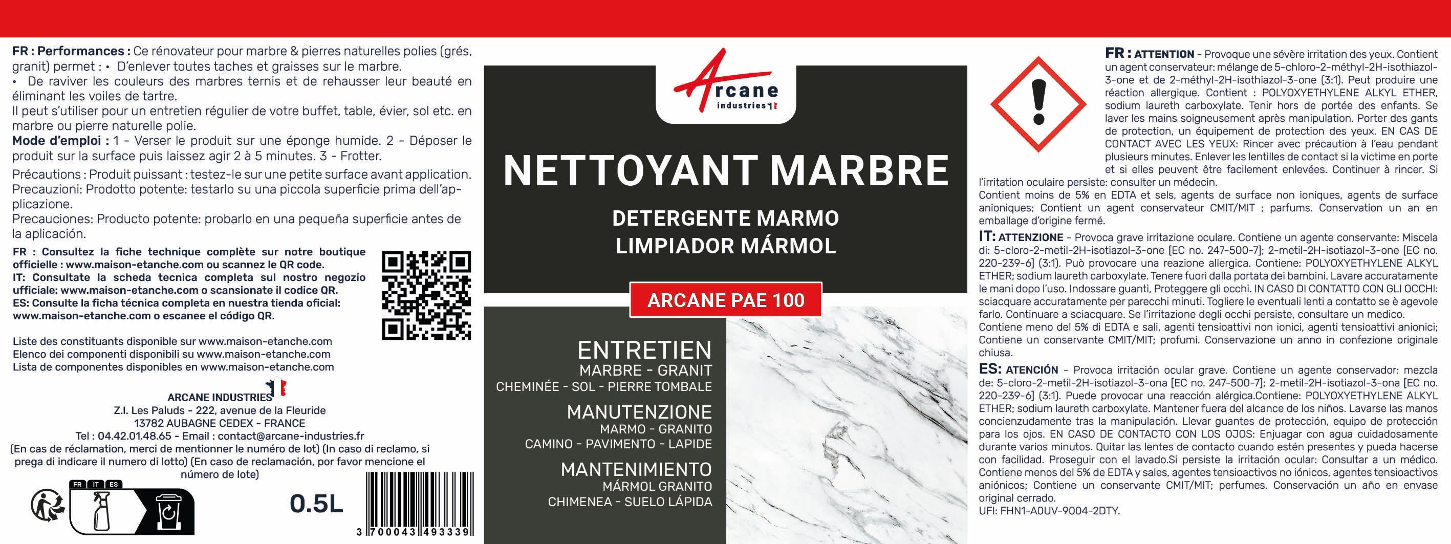 NETTOYANT RÉNOVATEUR MARBRE - 0.5 L - ARCANE INDUSTRIES - 6