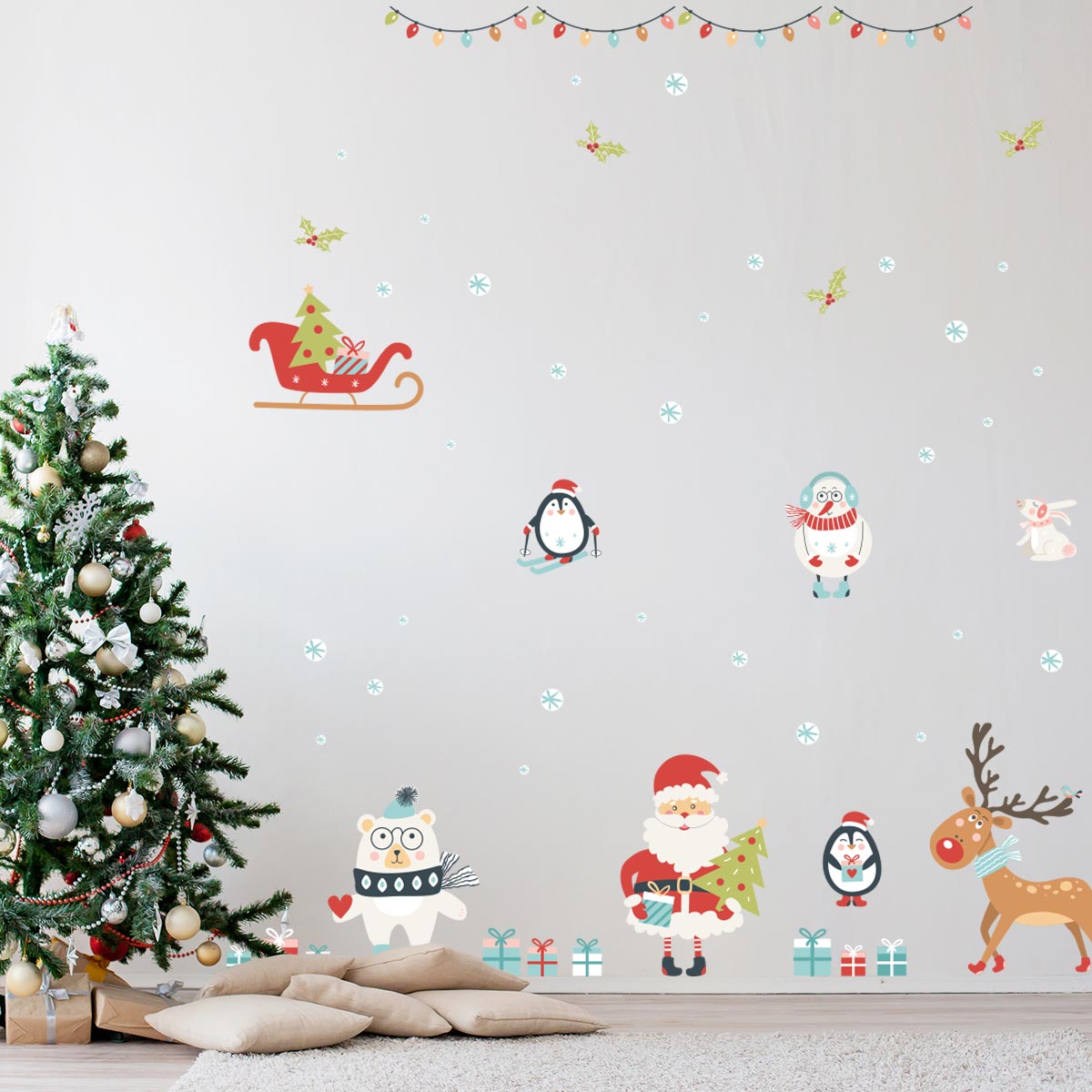 Sticker Noël le père noël et les animaux sous la neige de noël - Autocollants stickers adhésifs noël - décoration fêtes - 60x90cm - 3