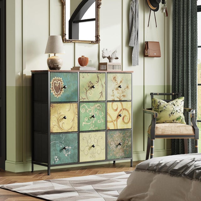 Sweetcrispy Commode 9 Tiroirs Chambre Jaune/Marron - Meuble Rangement Textile Grand Format