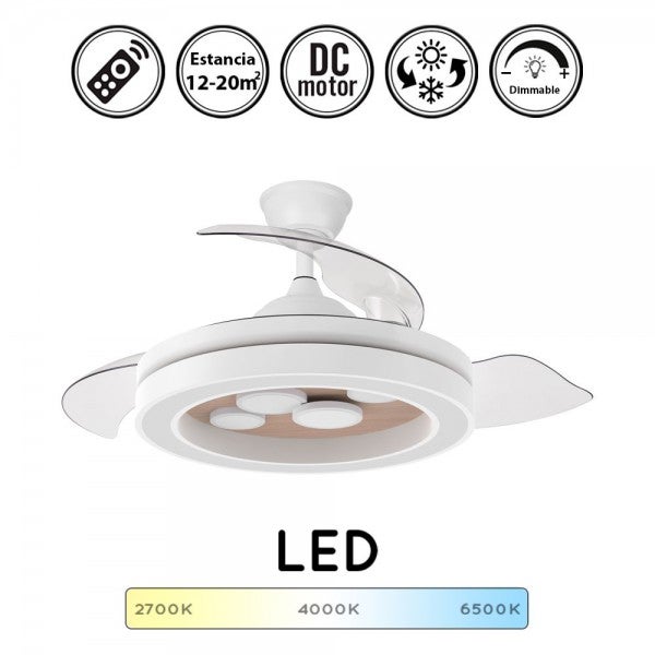 Ventilador de techo aspas retractiles motor dc cupido blanco e imitación madera | lampara ventilador de techo con luz 55w 4960lm