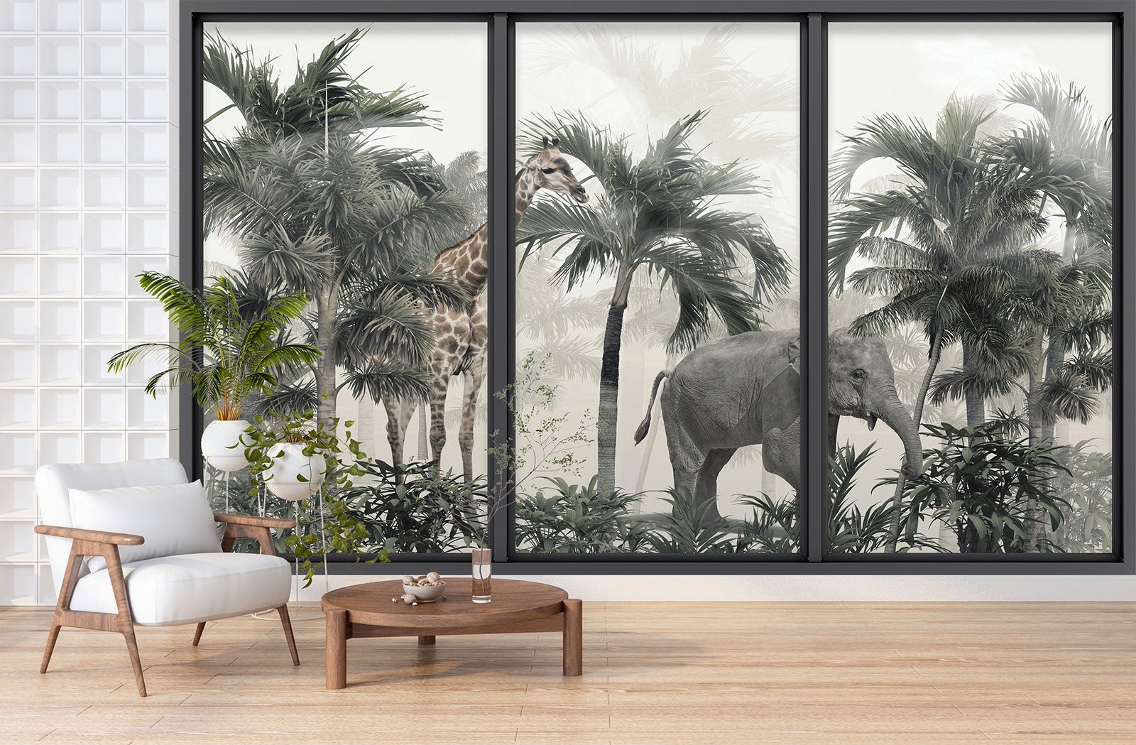 Papier peint panoramique intissé décoratif Trompe l'oeil baie vitrée - Animaux de la jungle - L195 cm x H117 cm - 3