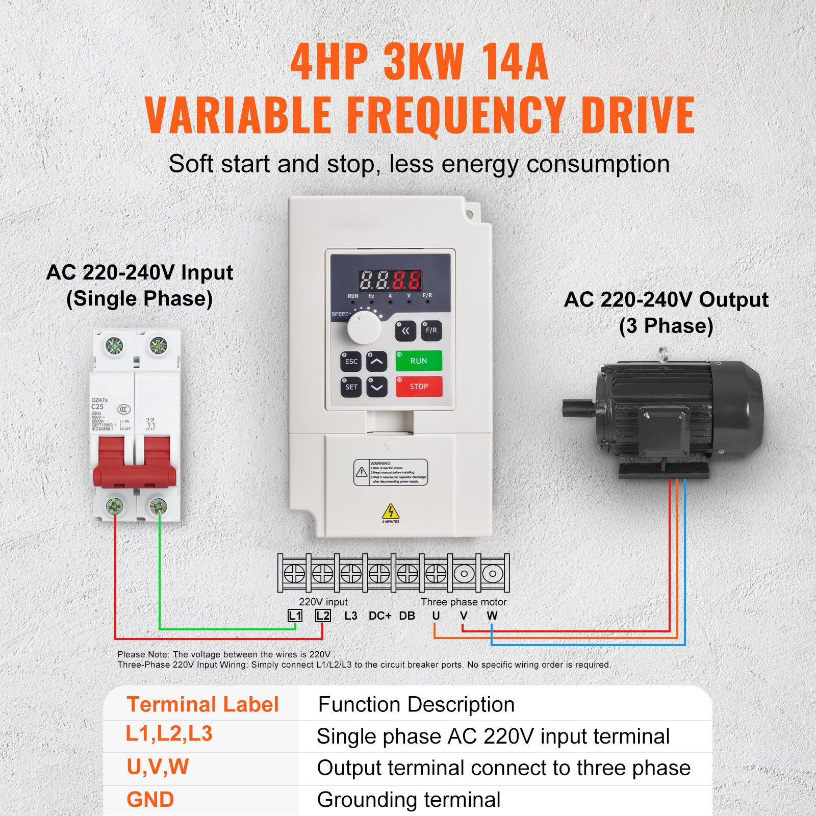 VFD 4CV, 3KW, 14A, entrée 1/3 phase AC 220V vers sortie 3 phases AC 0-220V, entrée 50/60Hz, sortie 0-2000Hz pour contrôle moteur broche SucceBuy - 4