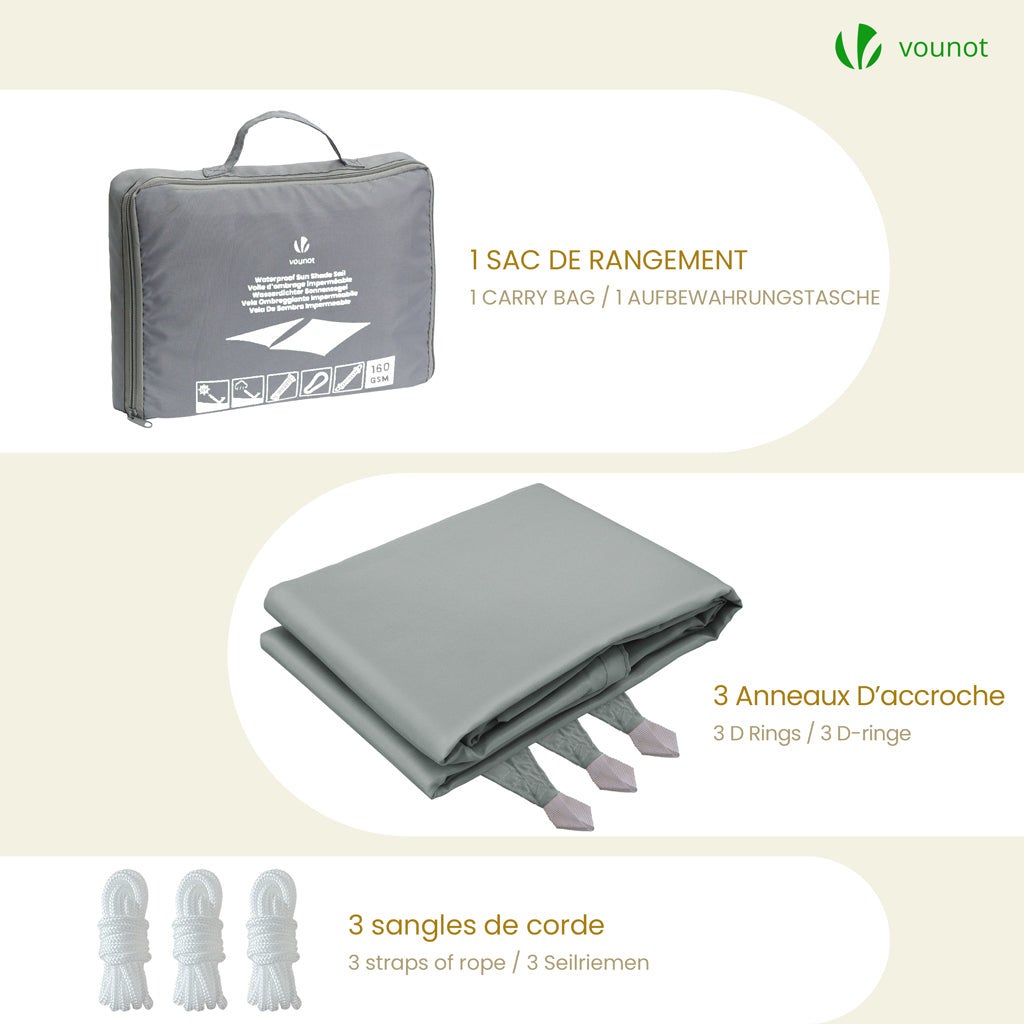 Voile d'ombrage Triangle en Polyester Imperméable avec Kit de Montage 3x3x3m Gris VOUNOT® - 7
