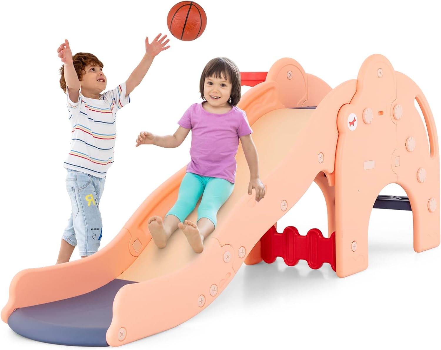 GOPLUS Toboggan Éléphant 4-en-1 – Avec Panier Basket, Tunnel, Marches Antidérapantes – Dès 18 Mois