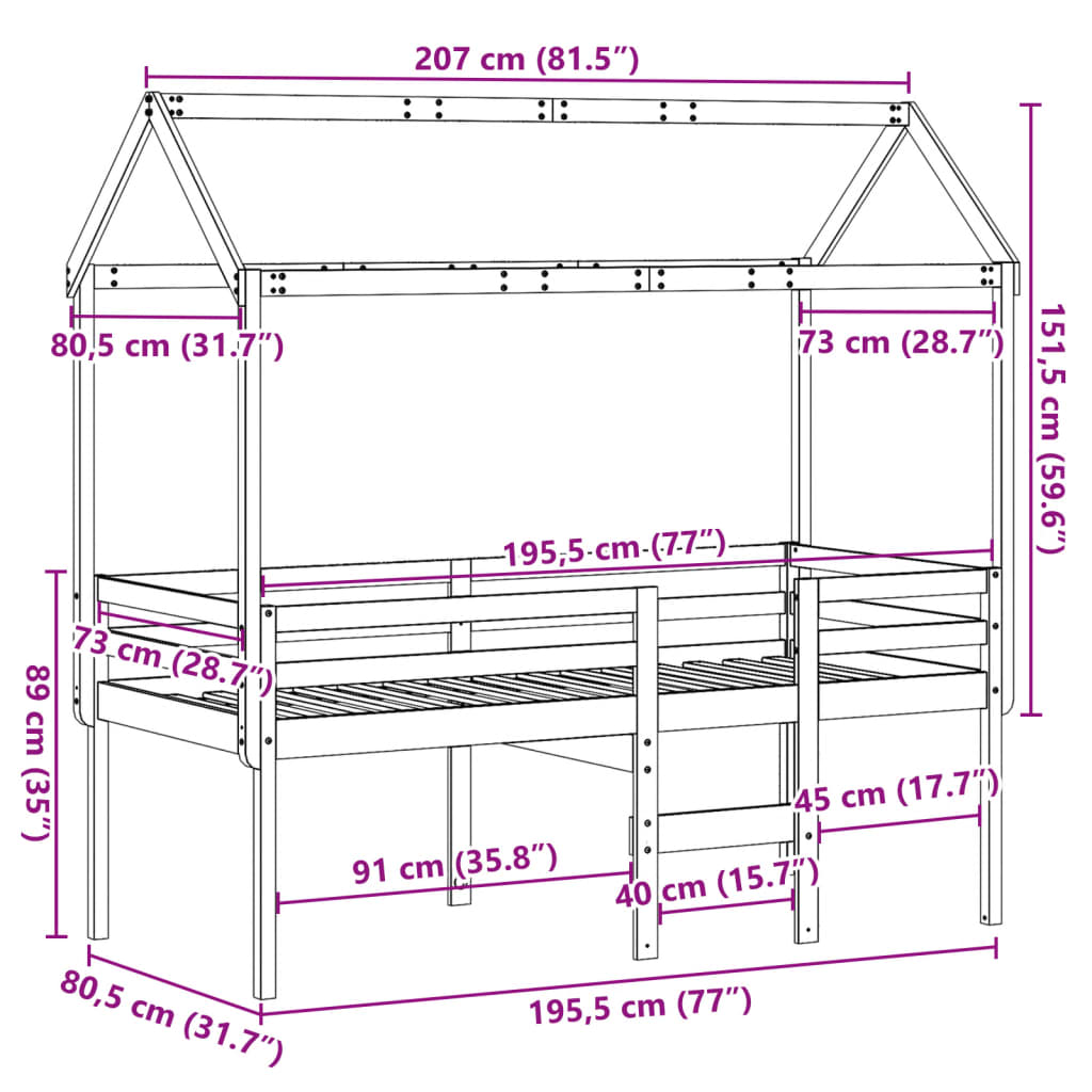 Lit haut avec toit 75x190 cm bois de pin massif - 9
