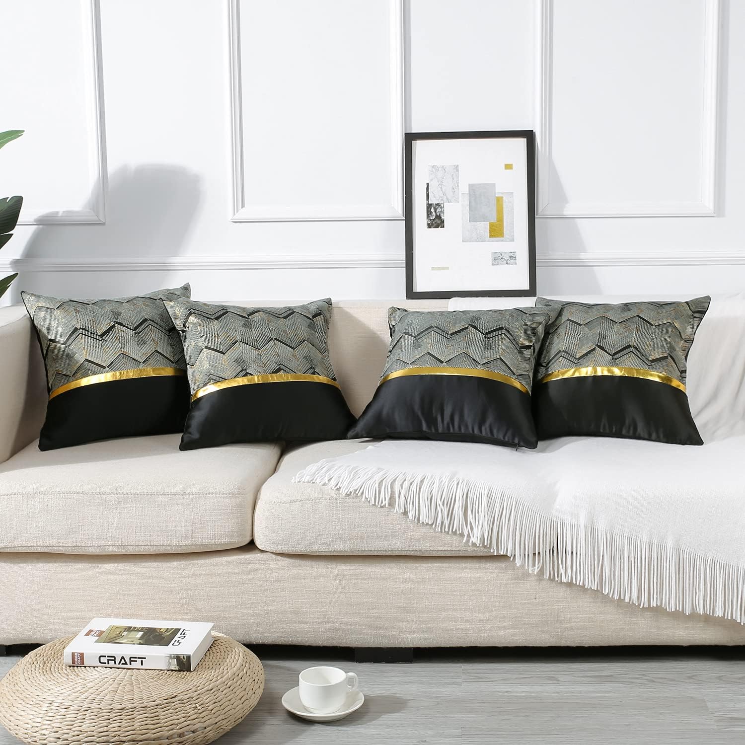 45x45cm Set de 4 (Noir) Housses de coussin Luxe Cuir Doré Couture Ondulé Stripe Taie D’oreiller Minimaliste Taies De Coussin Cuir Rayé Or Pour Lit Can - 2