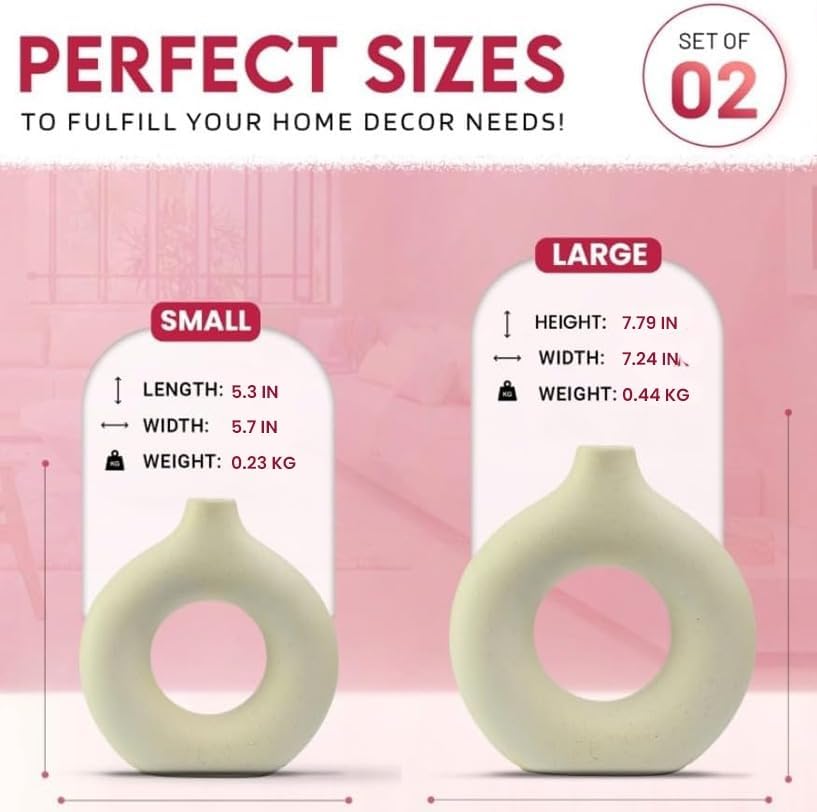 Lote de 2 jarrones redondos de cerámica color crema para hierba de la pampa, minimalistas, decoración de interiores - 2