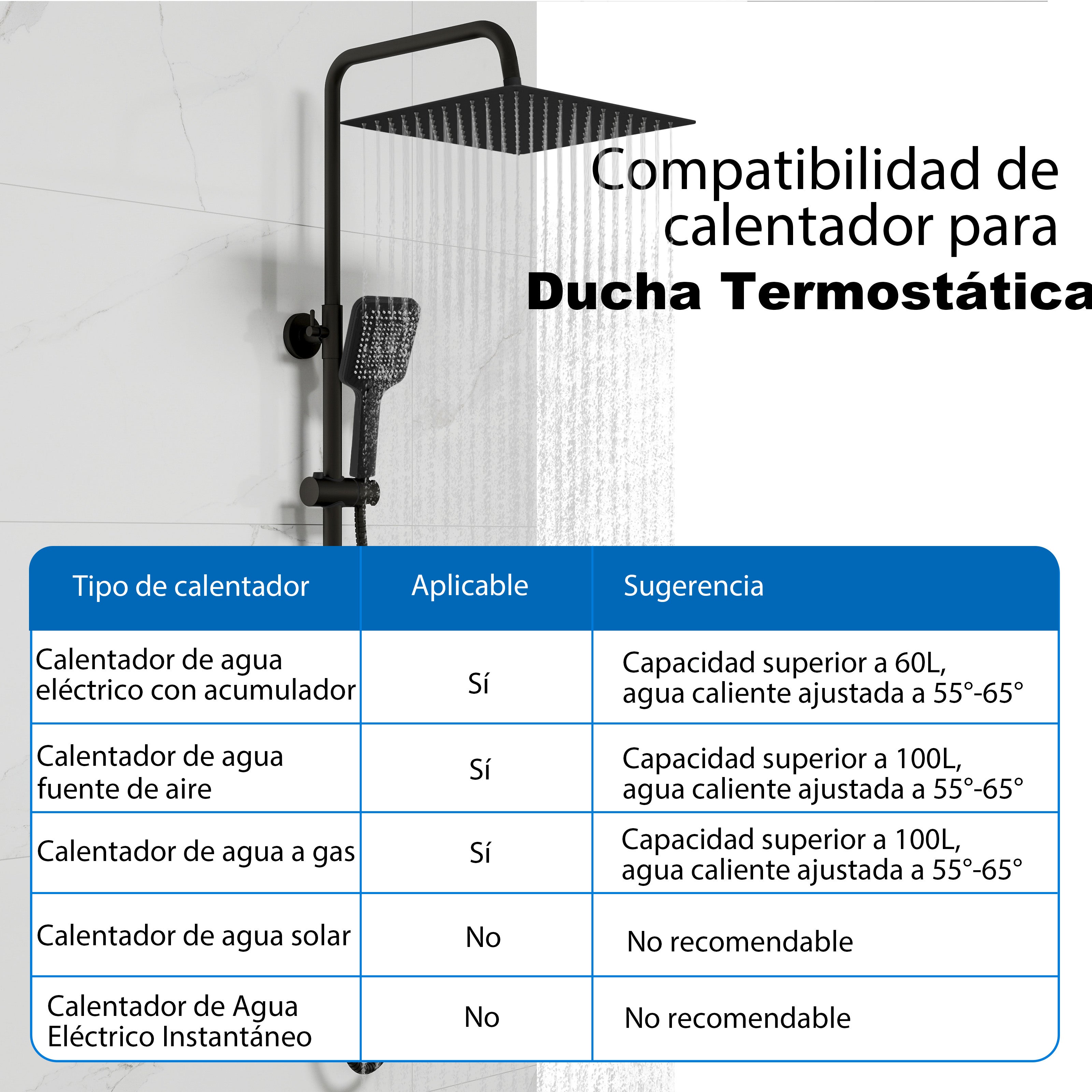 AICA Columna de Ducha Termostática Negro Mate con Alcachofa Superior de 12 Pulgadas Cuadrada Ducha Lluvia para Baño - 6