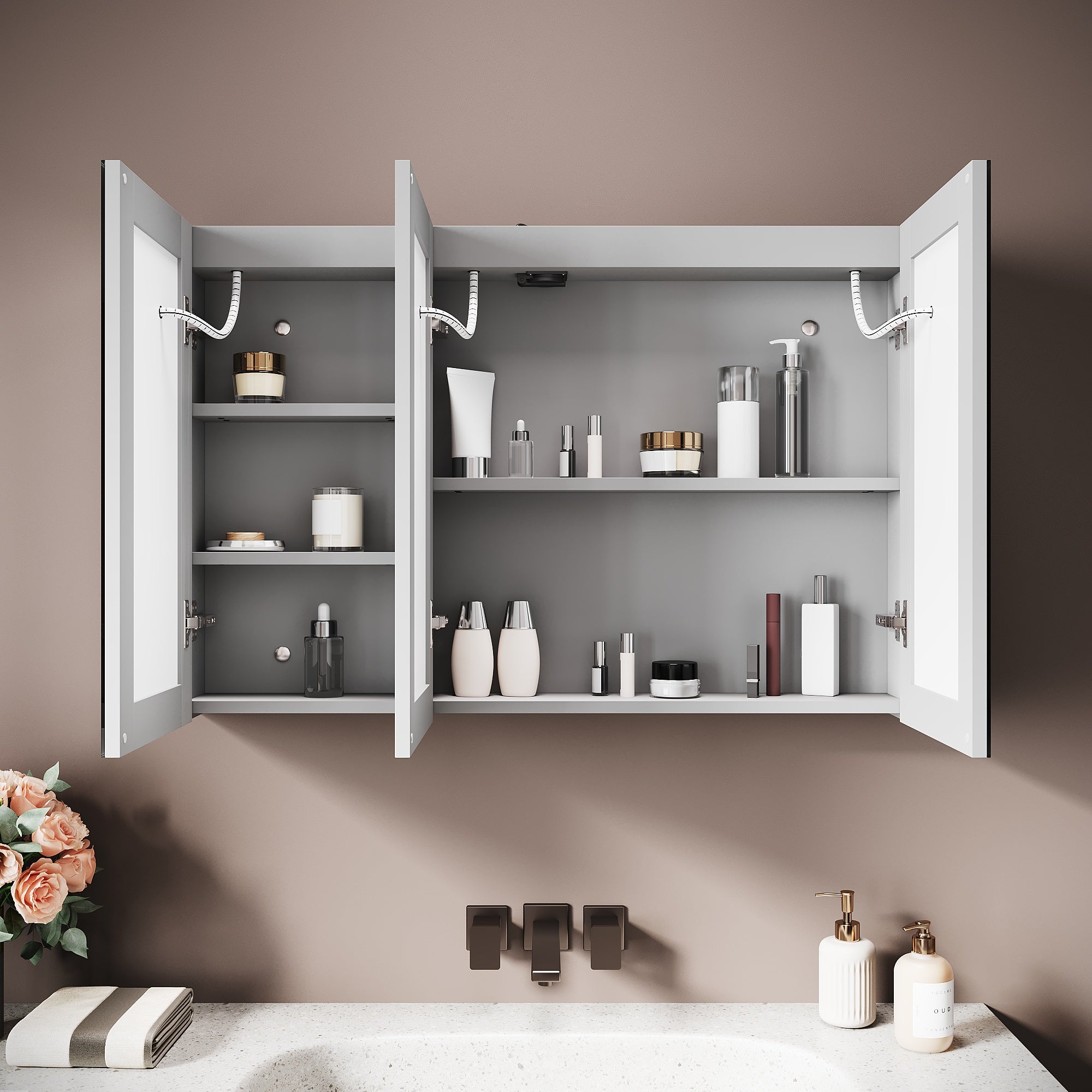 SIRHONA Grande Armadio Specchio 3 Ante Bagno 90x60x13cm, Specchio Anti-Appannamento Locale 3 Luci e Ampio Ripostiglio con Presa - Grigio Marocco - 3