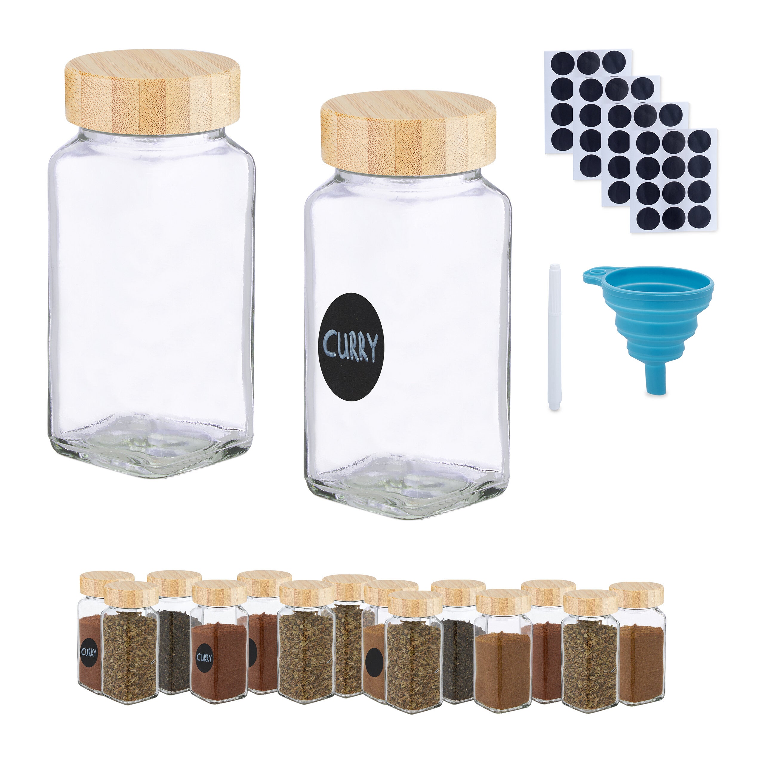 Set De 16 Pots à épices Relaxdays - Avec étiquettes, Marqueur, Entonnoir - Couvercle Bambou, Tamiseur Réglable - Transparent/noir - 11