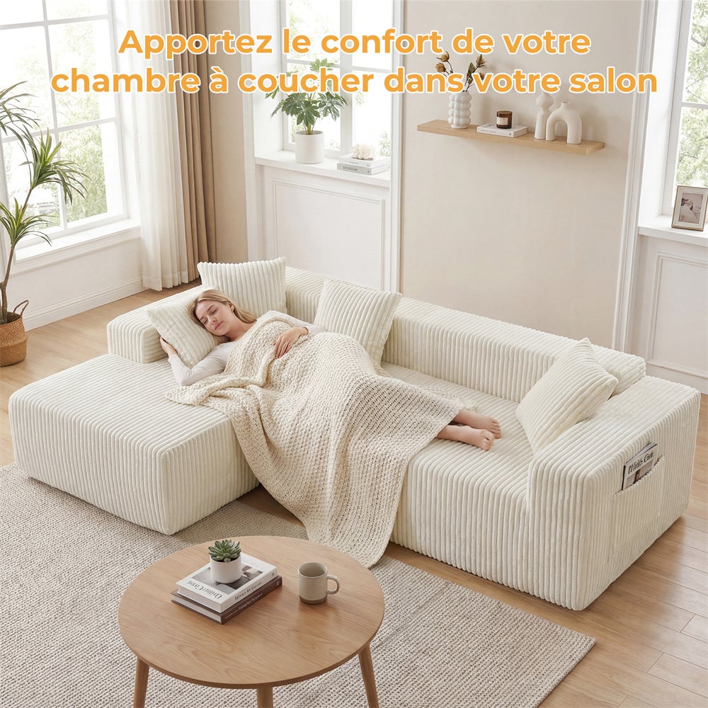 DRIPEX Canapé d'angle gauche en velours côtelé avec 4 coussins,Canapé sans assemblage avec méridienne en L,261×156×80cm,Beige - 8