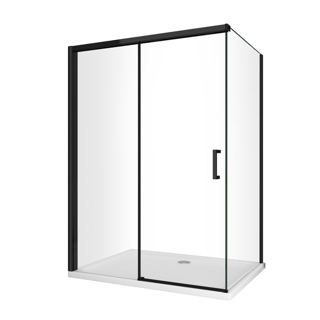 Douche d'angle avec paroi latérale fixe et porte frontale avec fermeture douce amortie H 200 8 mm cadre noir mat Cm 80 (78-80) x 120 (117-120)