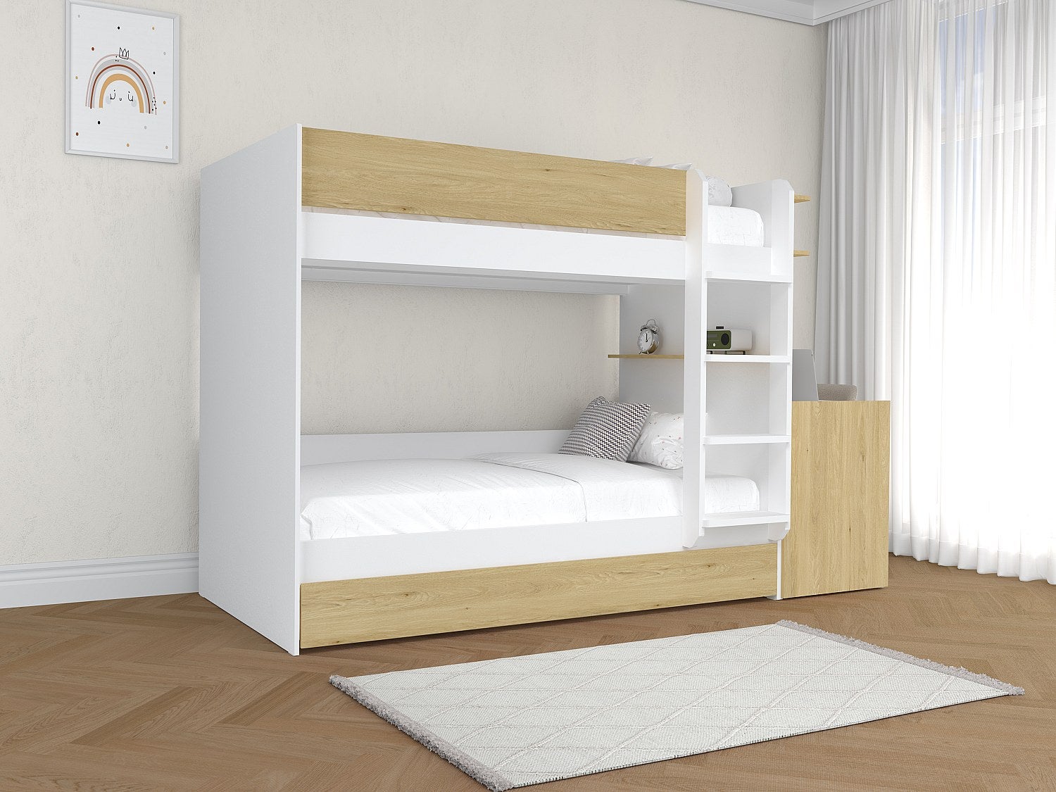 Łóżko piętrowe z wysuwanym posłaniem i 2 biurkami 3 x 90 x 190 cm - Biały i naturalny - DOMATI