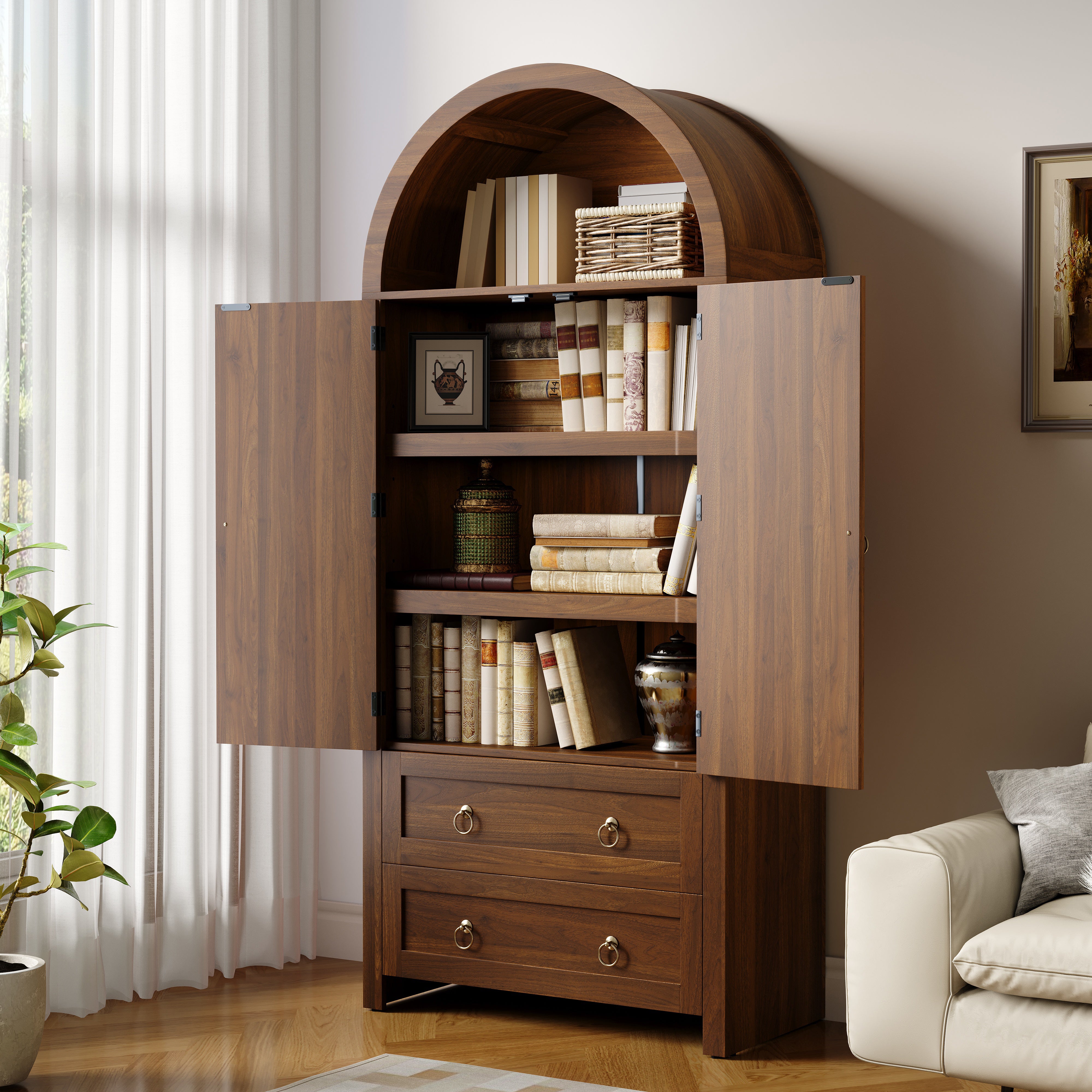 Wysoki kredens z rattanu 80x40x180 cm - 2 szuflady i 2 drzwi - Styl vintage - z haczykami - Półki regulowane - MDF - Brązowy