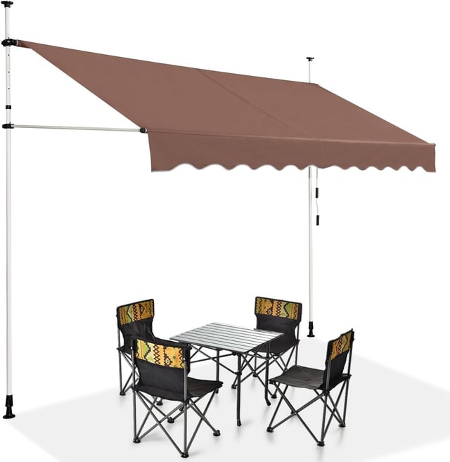 Store Banne Manuel Rétractable 3x1,75M en Aluminium-sans Perçage-Hauteur Réglable 2-3M-Auvent Banne de Balcon sur Pied,Marron
