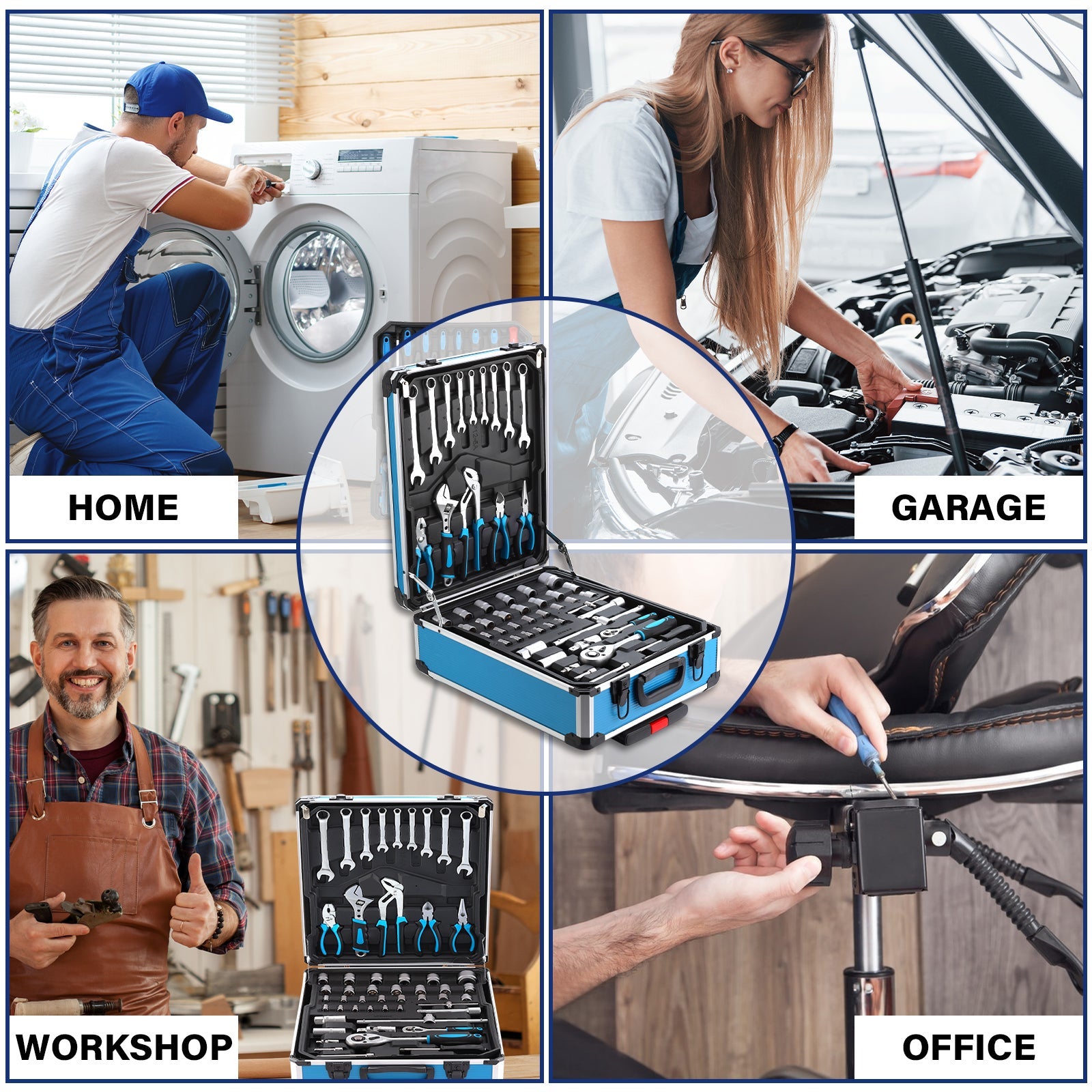 TEENO Boite à Outils 1000 Pièces, Outil Multifonction avec Valise Aluminium et Poignée Télescopique , Malette Outils Roulante pour Maison et Auto - 6