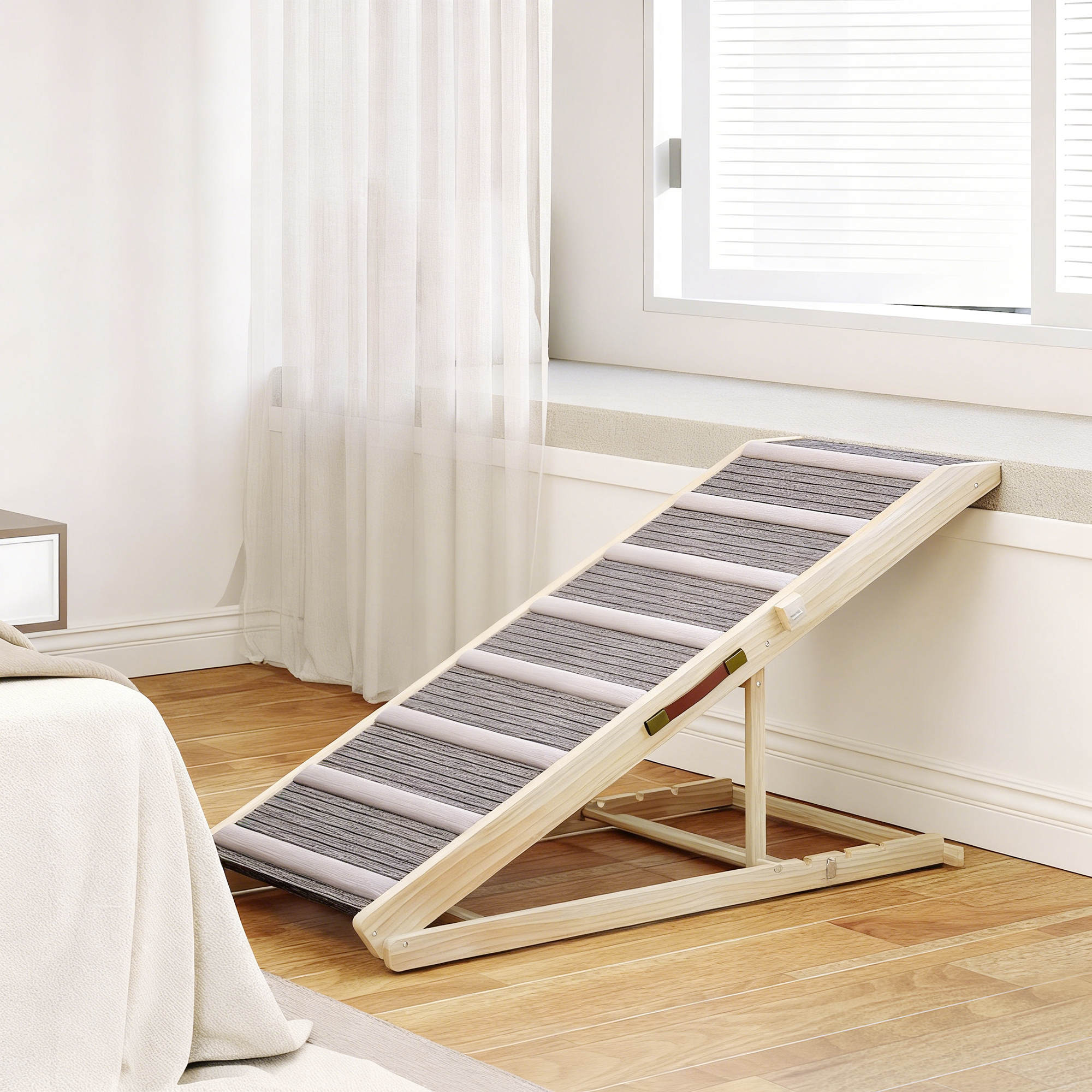 Rampa para Perros PawHut Madera de Pino, Tela de Alfombra Madera Natural y Gris 120x50x60 cm D06-283V01ND - 2