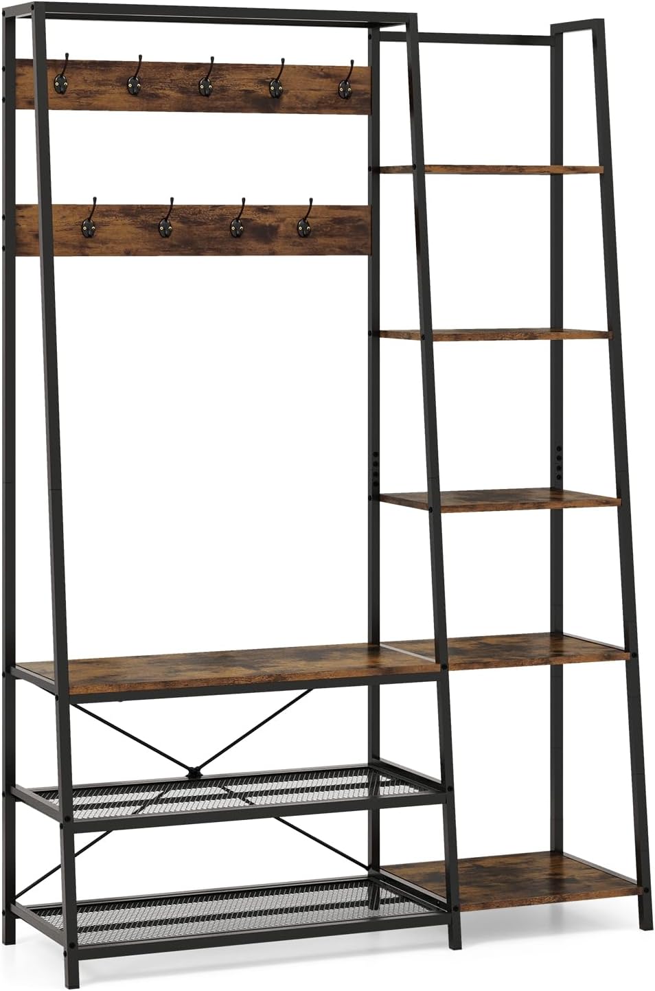 5 in 1 Appendiabiti con Ripiani, Stand Appendiabiti con 9 Ganci, 5 Ripiani Laterali e 2 Ripiani in Rete, Attaccapanni Industriale in Metallo, - 9