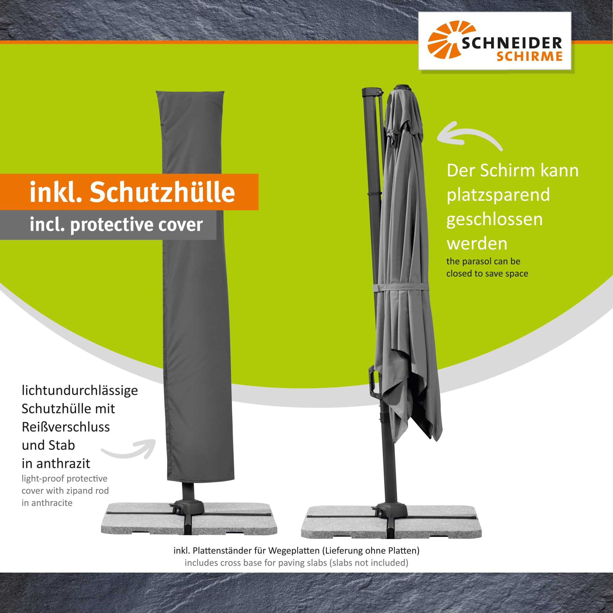 Parasol déporté Schneider Vivasol anthracite, 300 x 300 cm – rotatif 360°, inclinable, avec housse et support pour dalles - 6