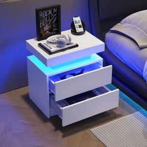 CLIPOP Comodino con 3 cassetti, bianco lucido frontale comodino con luci a LED e armadietto portaoggetti superiore, moderno comodino per camera da letto soggiorno