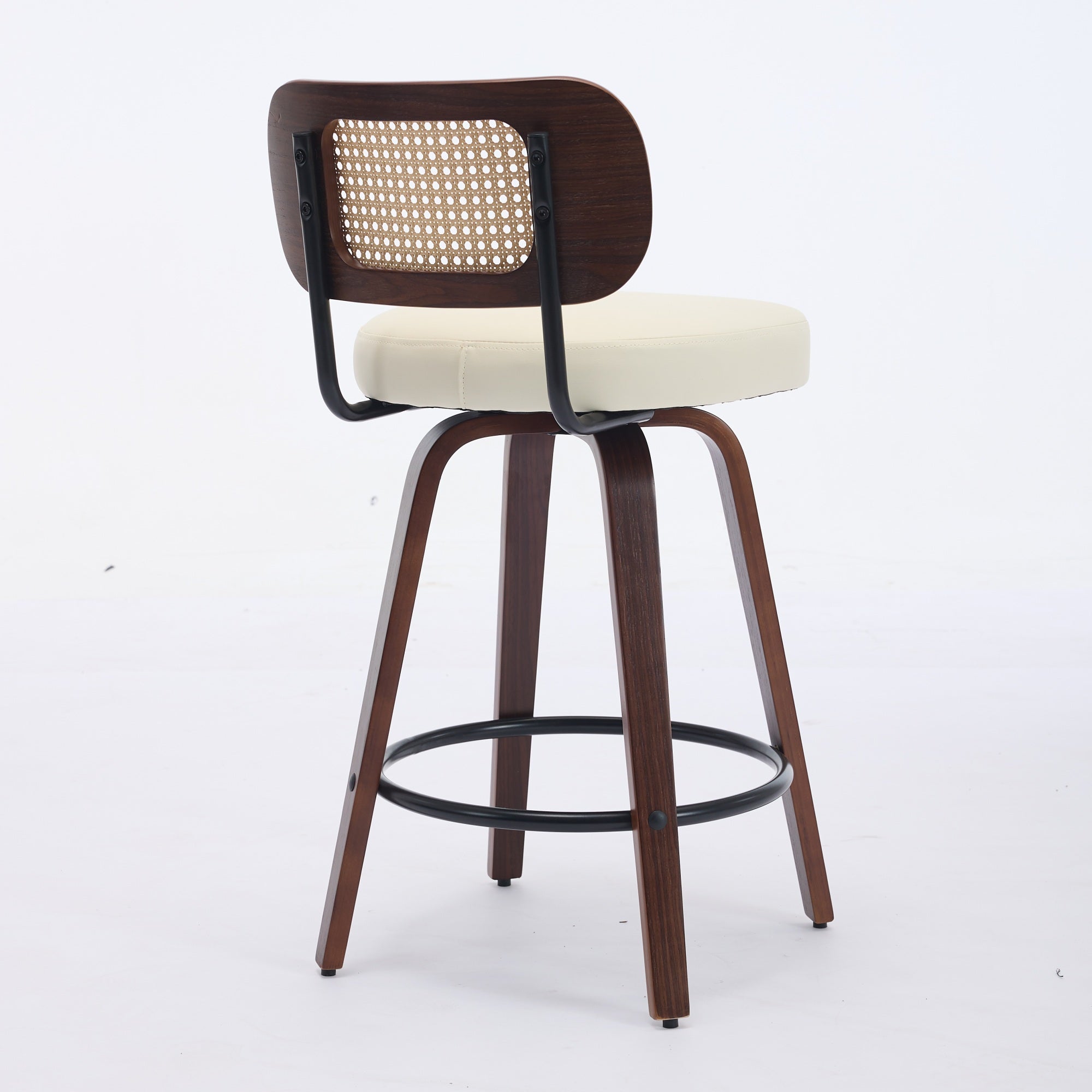 Lot de 2 chaise de bar Noyer Hauteur Comptoir 66 cm, Tabouret de bar Dossier en Cannage, Assise Rembourrée Béige, Salle a manger Fonction Pivotante - 8