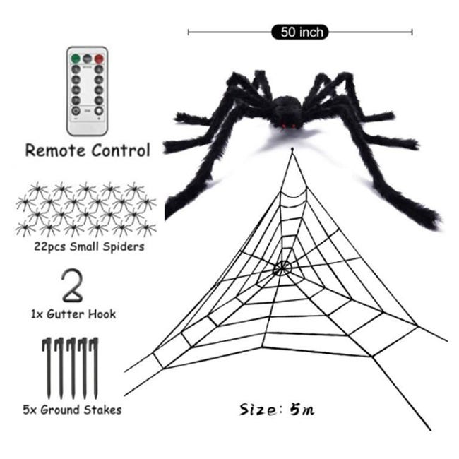 Luces De Telaraña De Halloween Con Araña Peluda – 180 Cm, 60 LEDs, 8 Modos Y Funcionan A Pilas