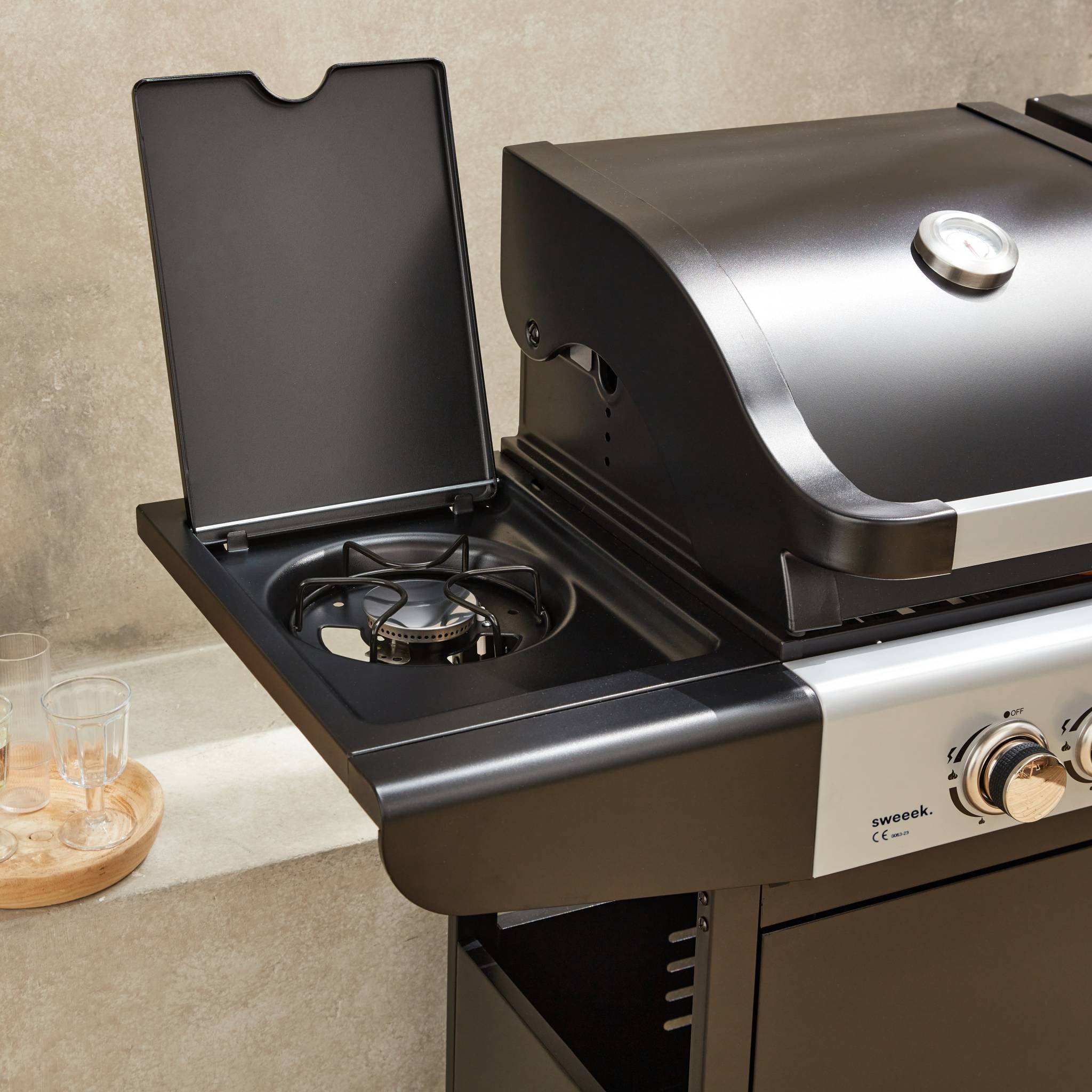 Barbecue combinato a gas e carbonella con fuoco laterale, Nero - 6