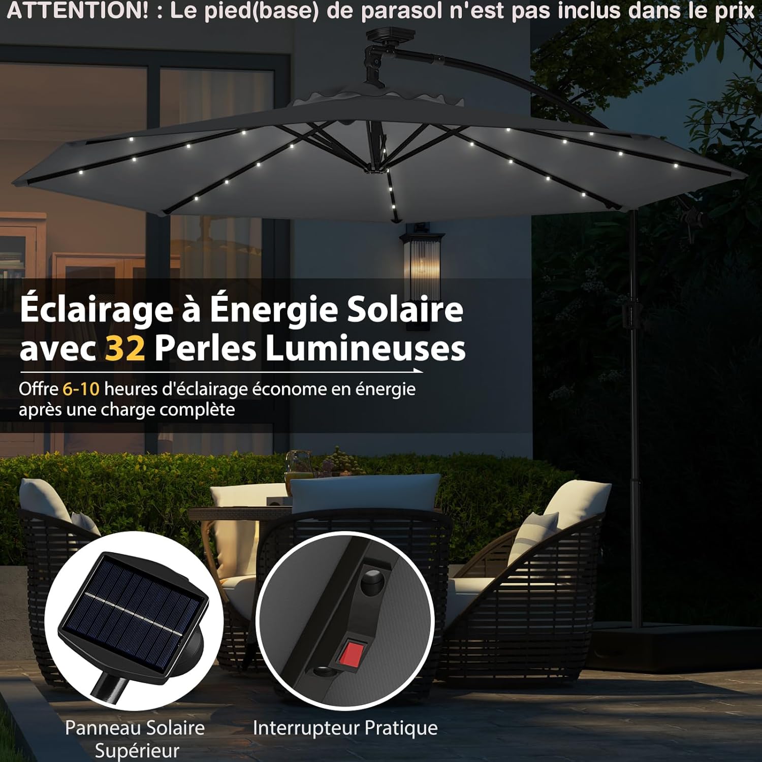 Parasol Déporté 3M avec 32 LED Solaires, Parasol de Jardin 8 Baleines avec Tissu Protection Solaire, Parasol Inclinable Rotatif à 360° (Gris) - 8