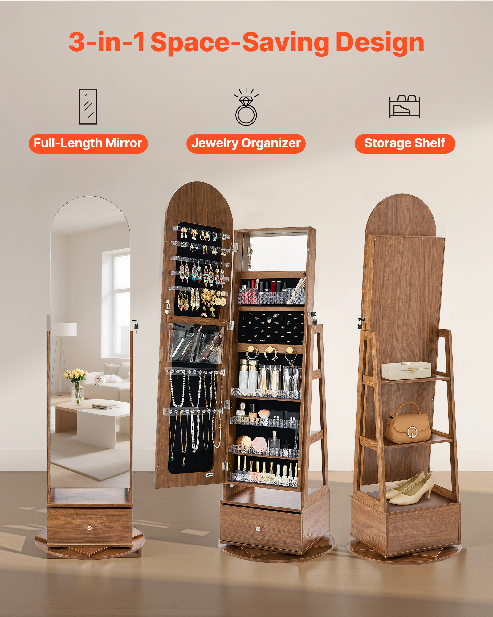 Armoire à Bijoux Pivotante VEVOR 360°, sur Pied 1650 mm avec Miroir Pleine Longueur, Tiroir, Rangement & Porte Verrouillable à 2 Clés, Pochettes - 5