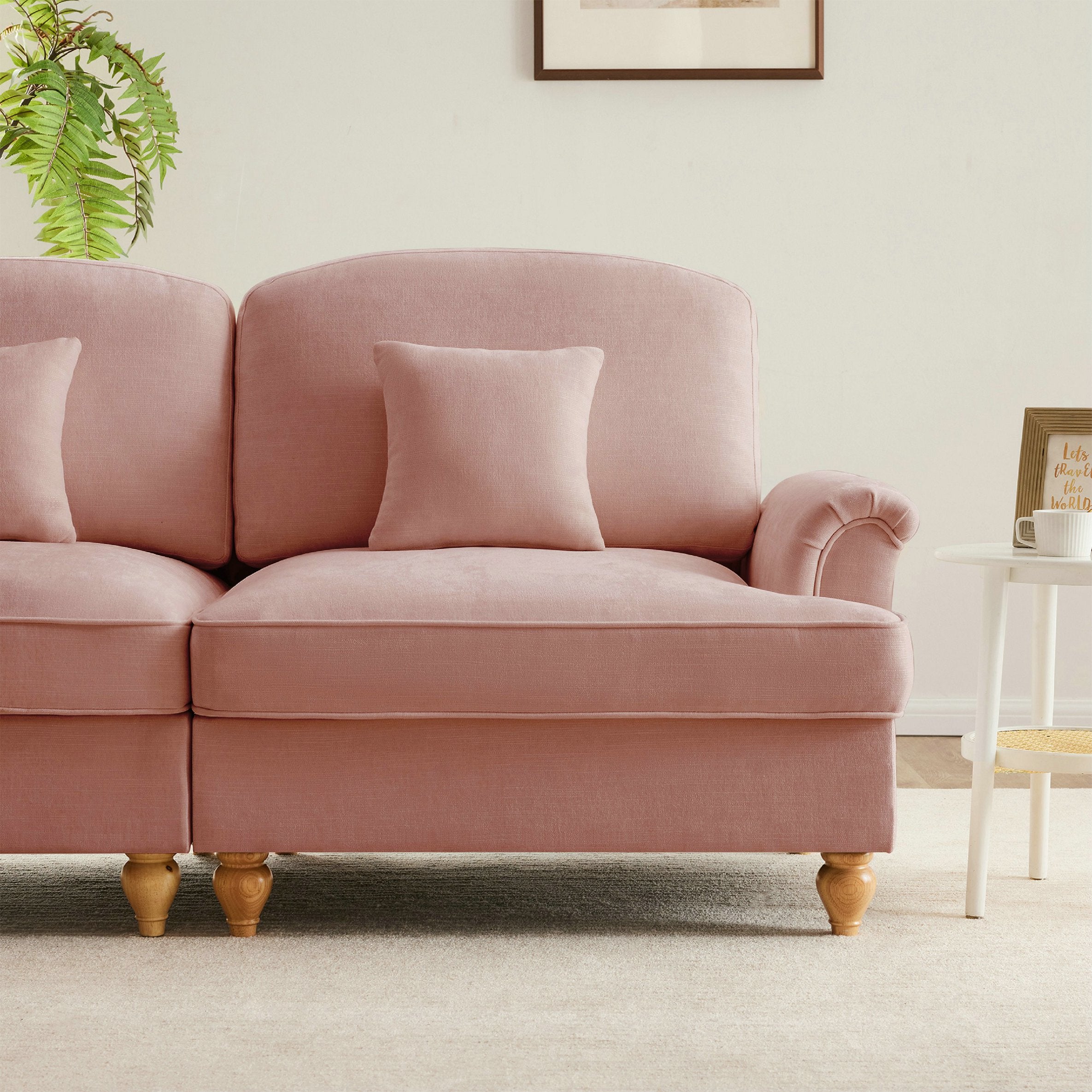 Élégant canapé d\'angle 2 places style Mid-Century - avec accoudoirs évasés - jupe à volants amovible - en chenille confortable rose - 5