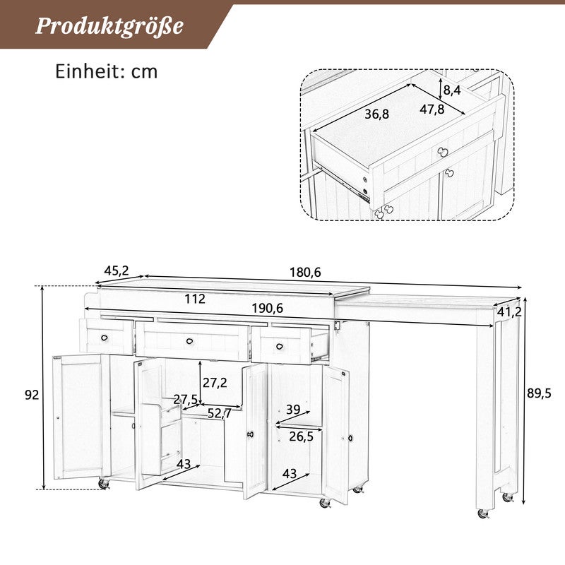 Îlot de cuisine mobile,ilot central cuisine avec table extensible,Kitchen island autoportant avec étagère à épices et tiroir,pour aux cuisines,Gris - 5