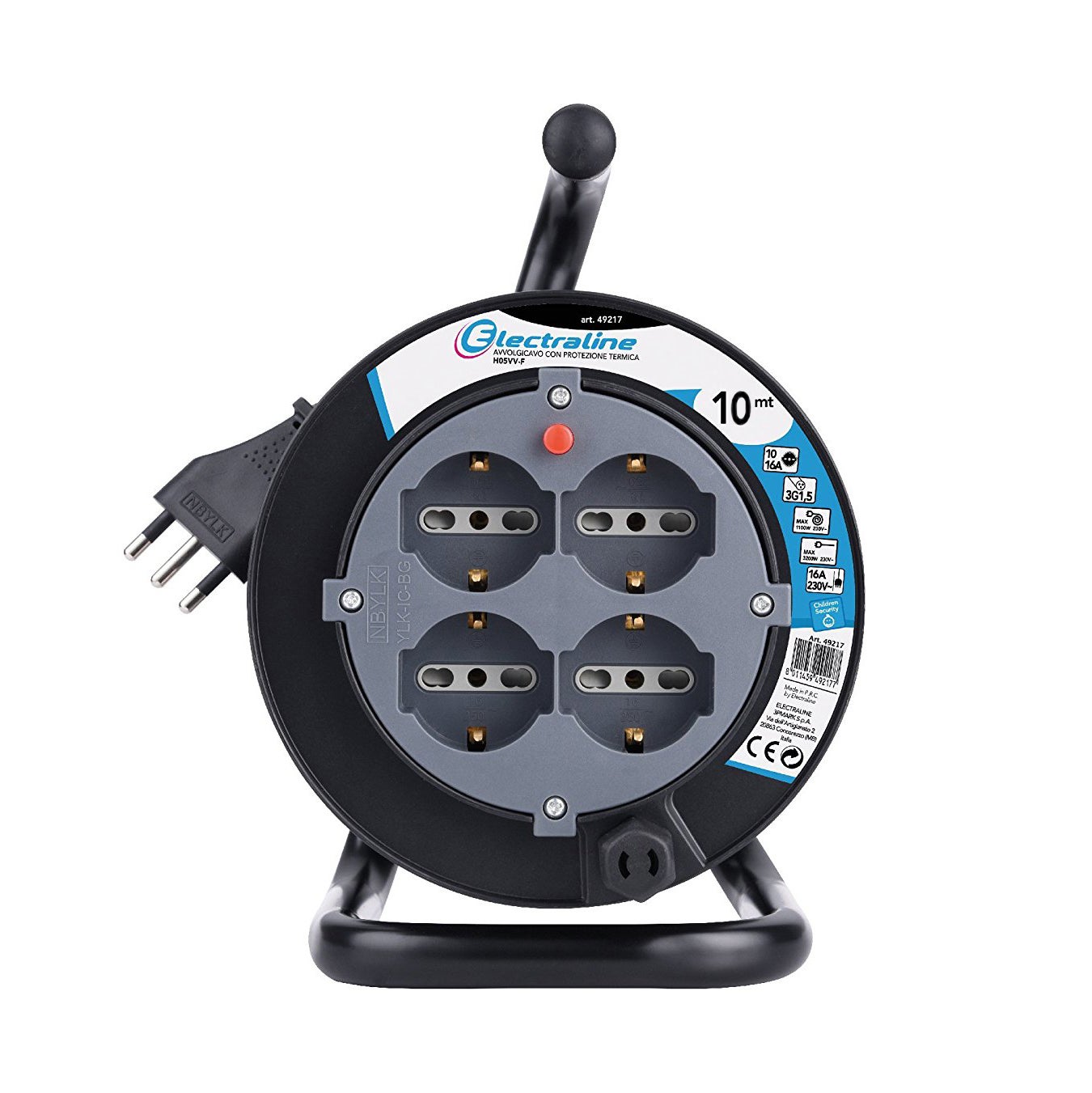Prolunga EXTRASTAR 8 M Con Avvolgicavo – 4 Prese Universali, 16A, Cavo 1,5 Mm², Protezione Termica E Sicurezza Bambini – IMQ, 2 Anni Garanzia