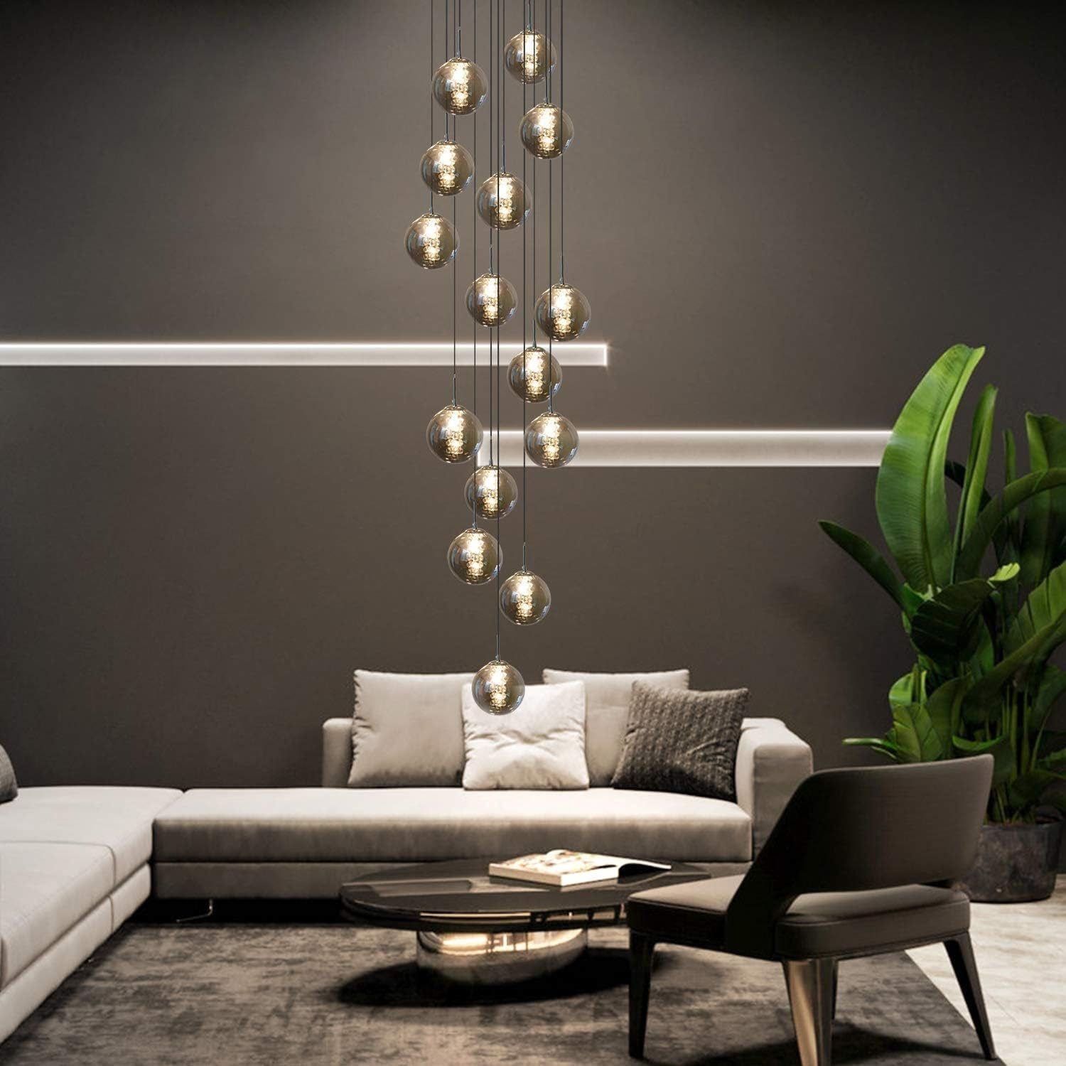 NETTLIFE Nowoczesny Żyrandol na Schody 15 Szklanych Kul, Lampa Wisząca Regulowana 3.2m, Loft Dymno-szary - 7