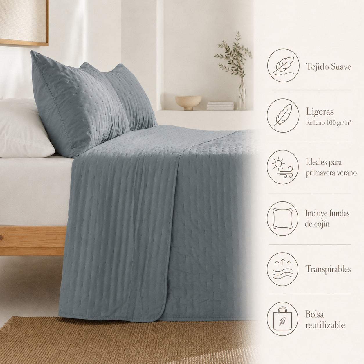 Colcha acolchada lisa cama 180 incluye fundas de almohada 270x270 + 2(50x70) cm azul - 2