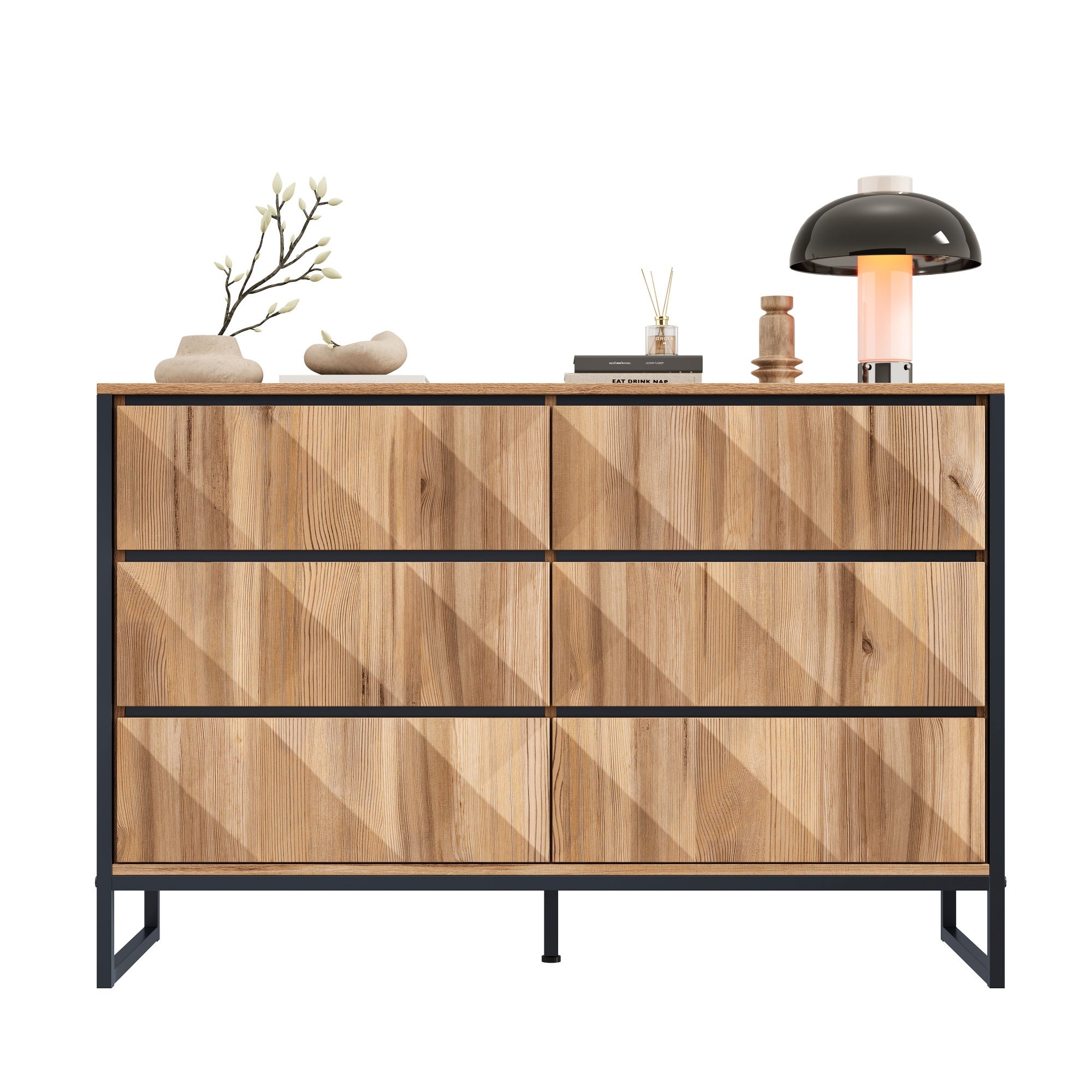 Komoda niska z 6 szufladami - 120 x 40 x 80 cm - Płyta wiórowa i nogi metalowe - Naturalna