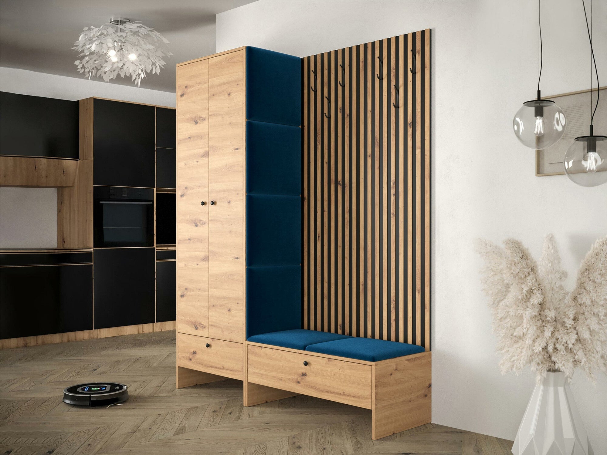 Meuble d'entrée Donio III, 206x145x44cm, Noir, Chêne Artisan, Tissu, Stratifié, À poser - 2