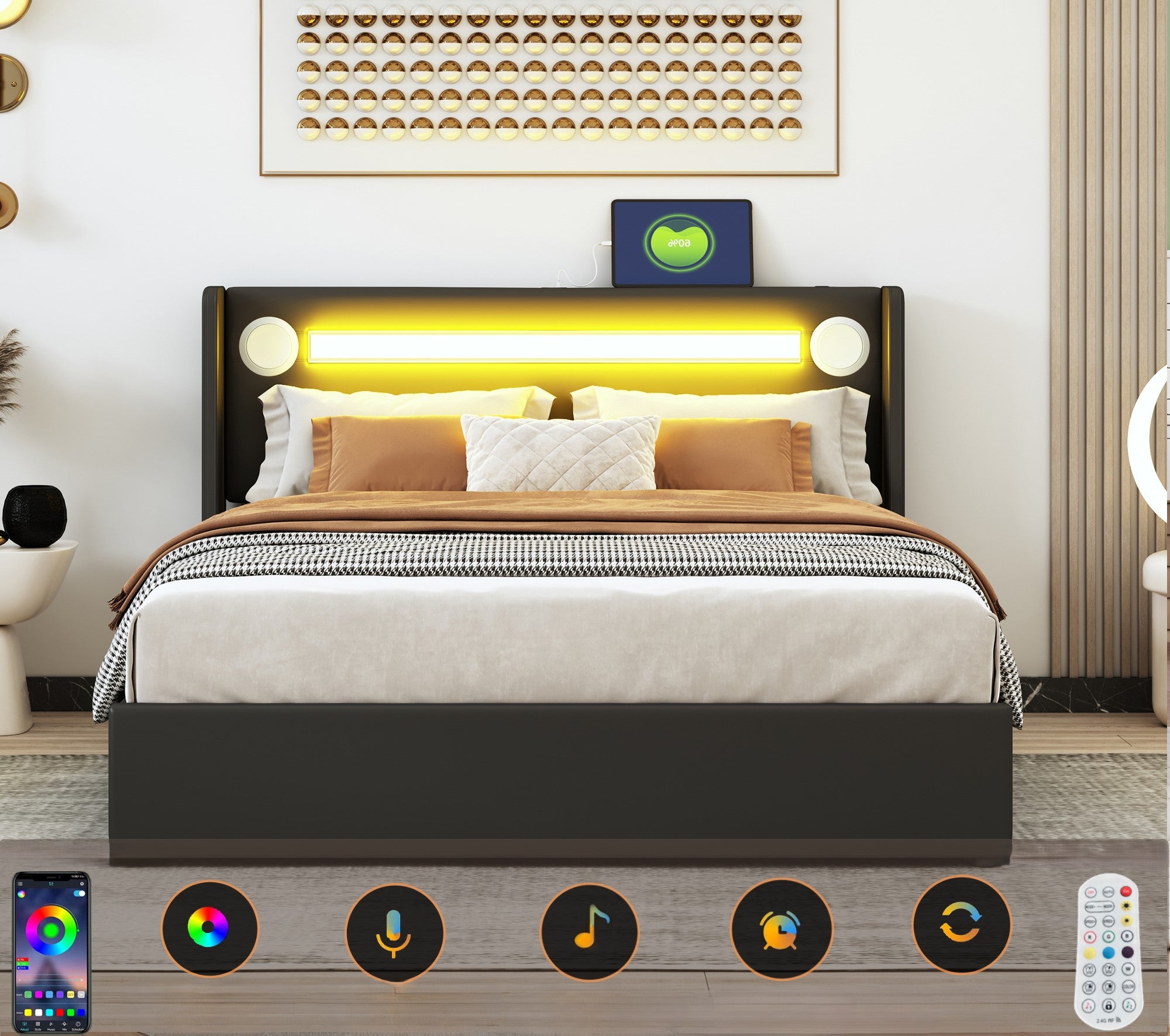 Łóżko z tapicerowanym zagłówkiem z ekoskóry 140x200cm z LED, odtwarzaczem Bluetooth i portami USB - z stelażem na listwy - Czarne - 2