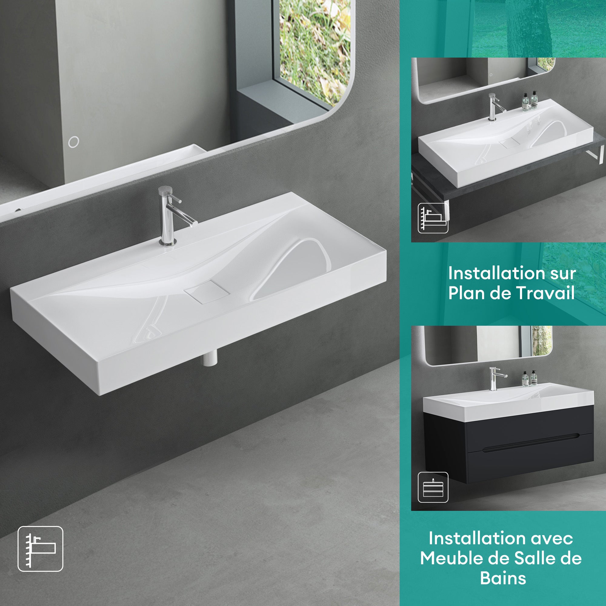 Mai & Mai Lavabo Suspendu Blanc 120x48x12cm Vasque à Poser Rectangulaire avec Perçage pour Robinet et Cache Bonde Col810-1200 - 4