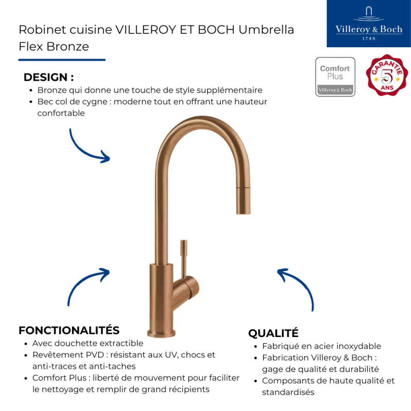 Rubinetto da cucina VILLEROY ET BOCH Umbrella flex bronzo + pulizia - 3